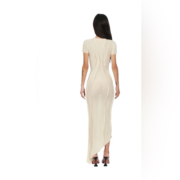 SAMI MIRO VINTAGE ASYMMETRIC SHORT SLEEVE MAXI DRESS IN IVORY MESH, SMALL - Picture 3 of 3